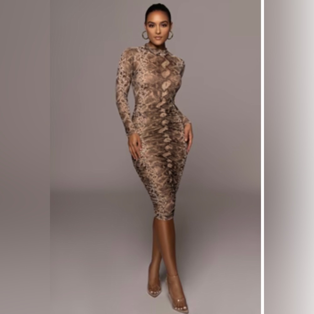 SNAKESKIN BOA MOCK NECK SHEER DRESS